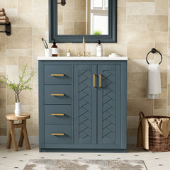 30'' Bathroom Vanity with Ceramic Sink Combo,Solid Wood Frame Bathroom Storage Cabinet, Freestanding Vanity Set with 3 Drawers& Soft Closing Doors