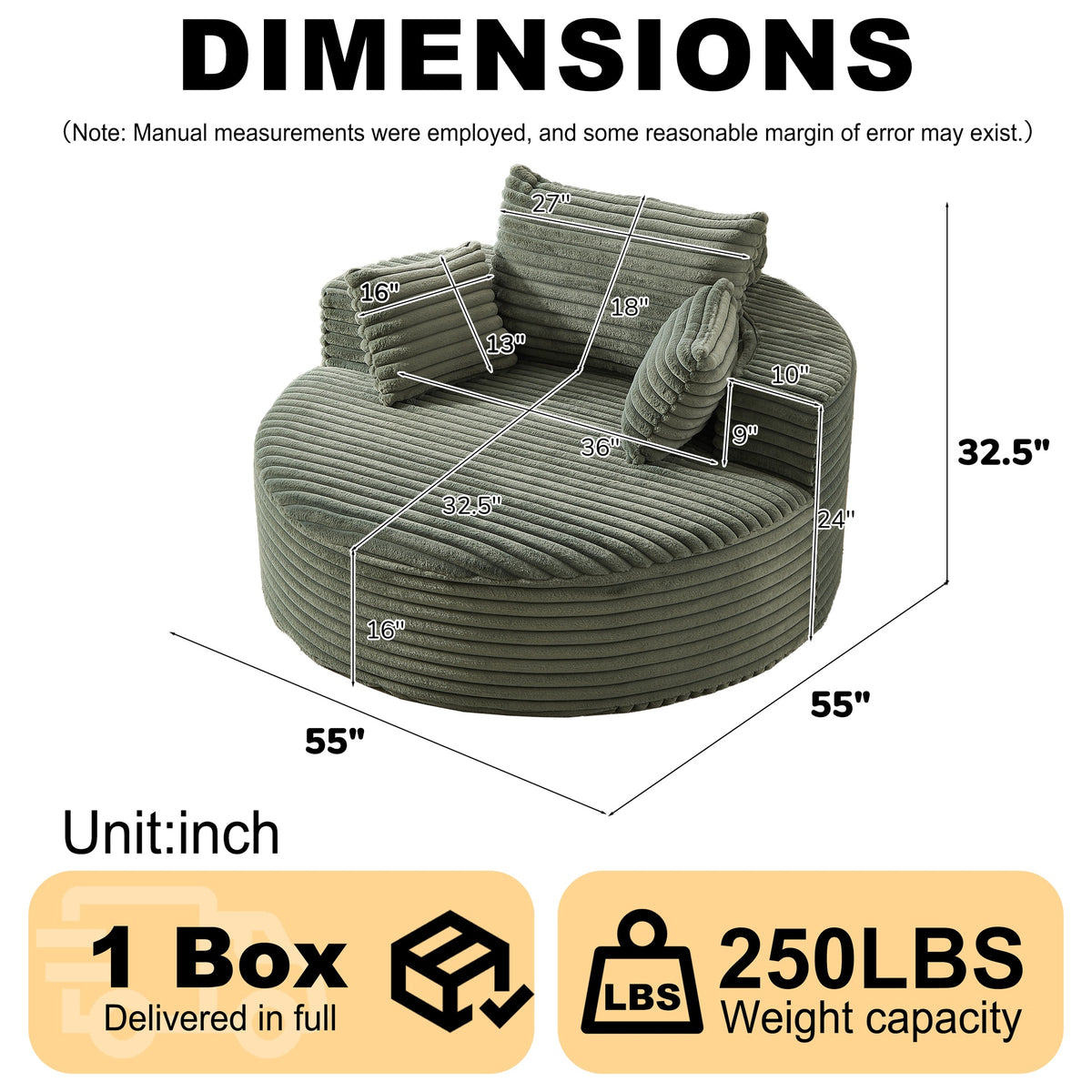 55'L Corduroy Sponge single sofa,No Assembly Required,Fluffy Modern Sleeper Chair for Living room, Bedroom, Lounge and Projection Room(Not a swivel chair.)