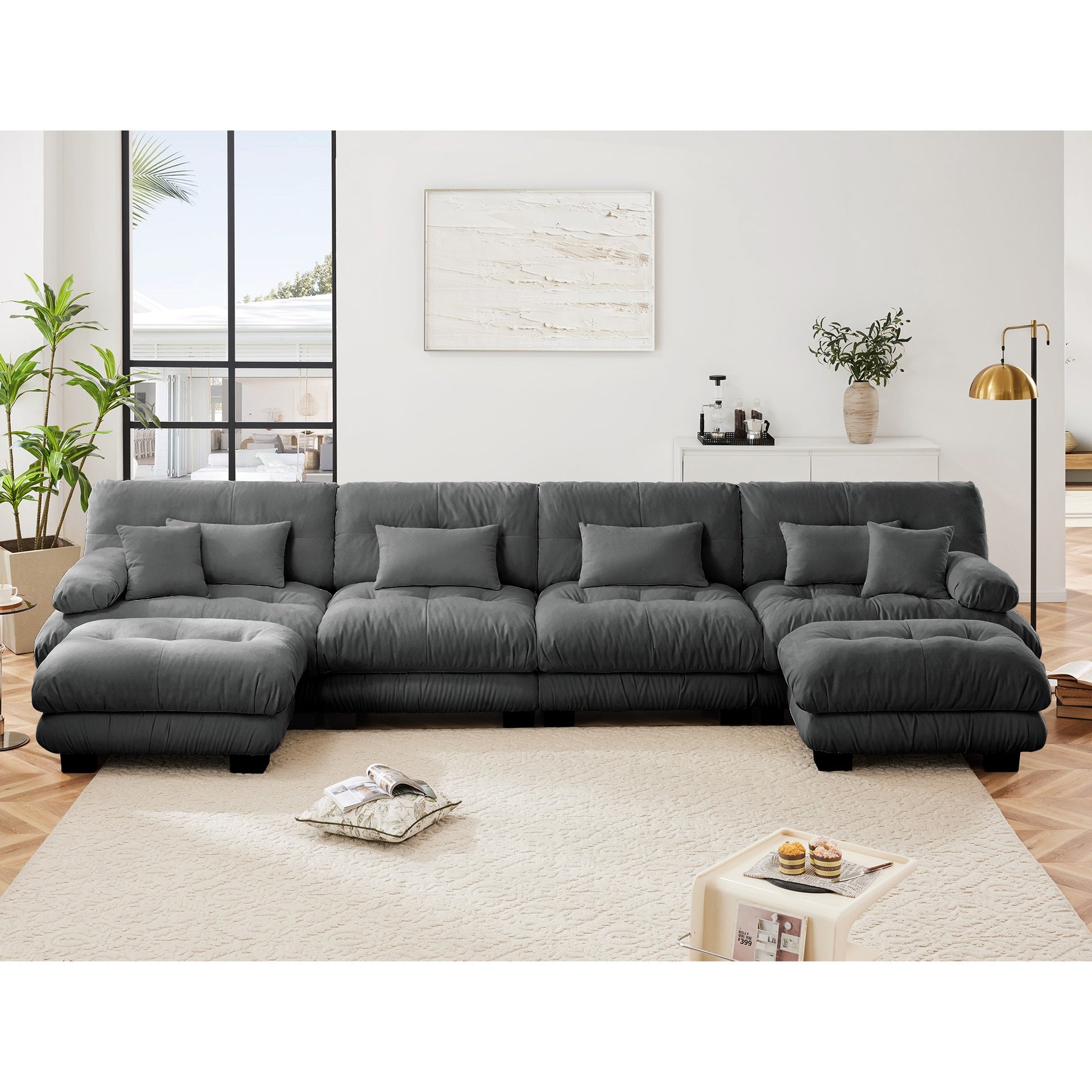 Free Combination Modular Sectional Sofa,U Shaped Couch for Living Room, 4-Seater Comfy Cloud Couch with 2 Ottomans, Chenille Gray