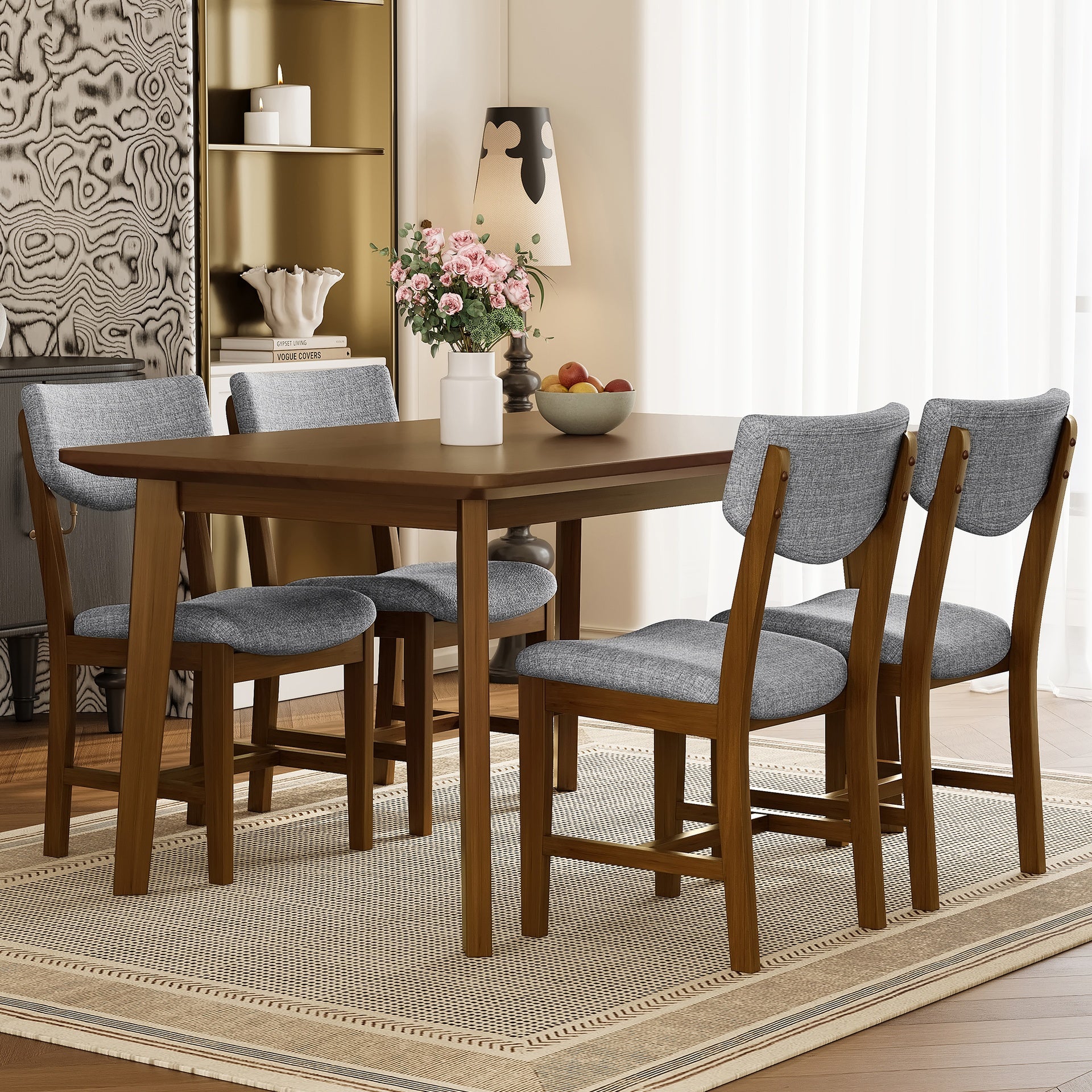 Rustic 5-Piece Dining Set - 1 Solid Wood Table + 4 Upholstered Chairs, Farmhouse-Style Dining Furniture for Kitchen & Dining Room, Minimalist Dining Set for 4, Walnut