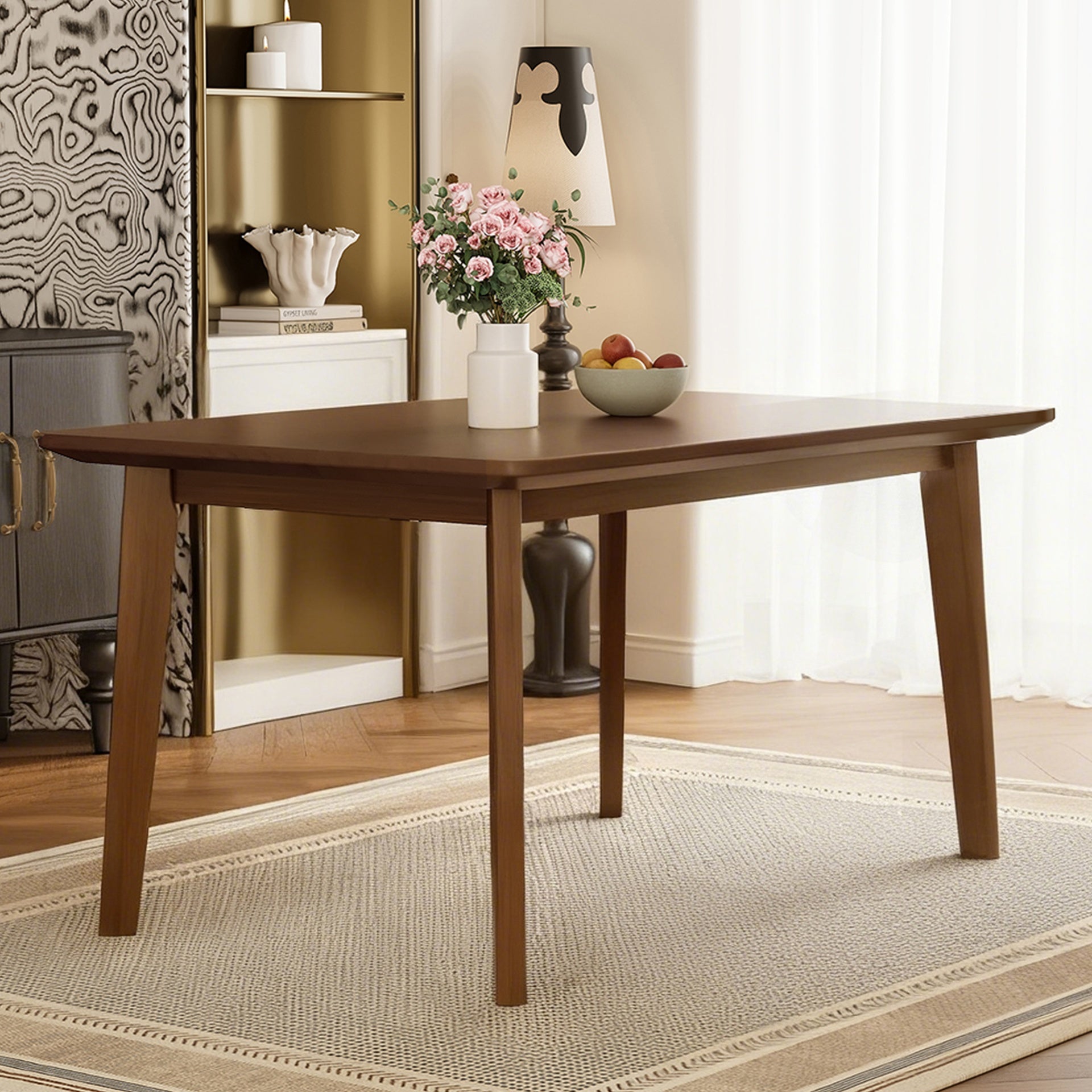 Rustic 5-Piece Dining Set - 1 Solid Wood Table + 4 Upholstered Chairs, Farmhouse-Style Dining Furniture for Kitchen & Dining Room, Minimalist Dining Set for 4, Walnut