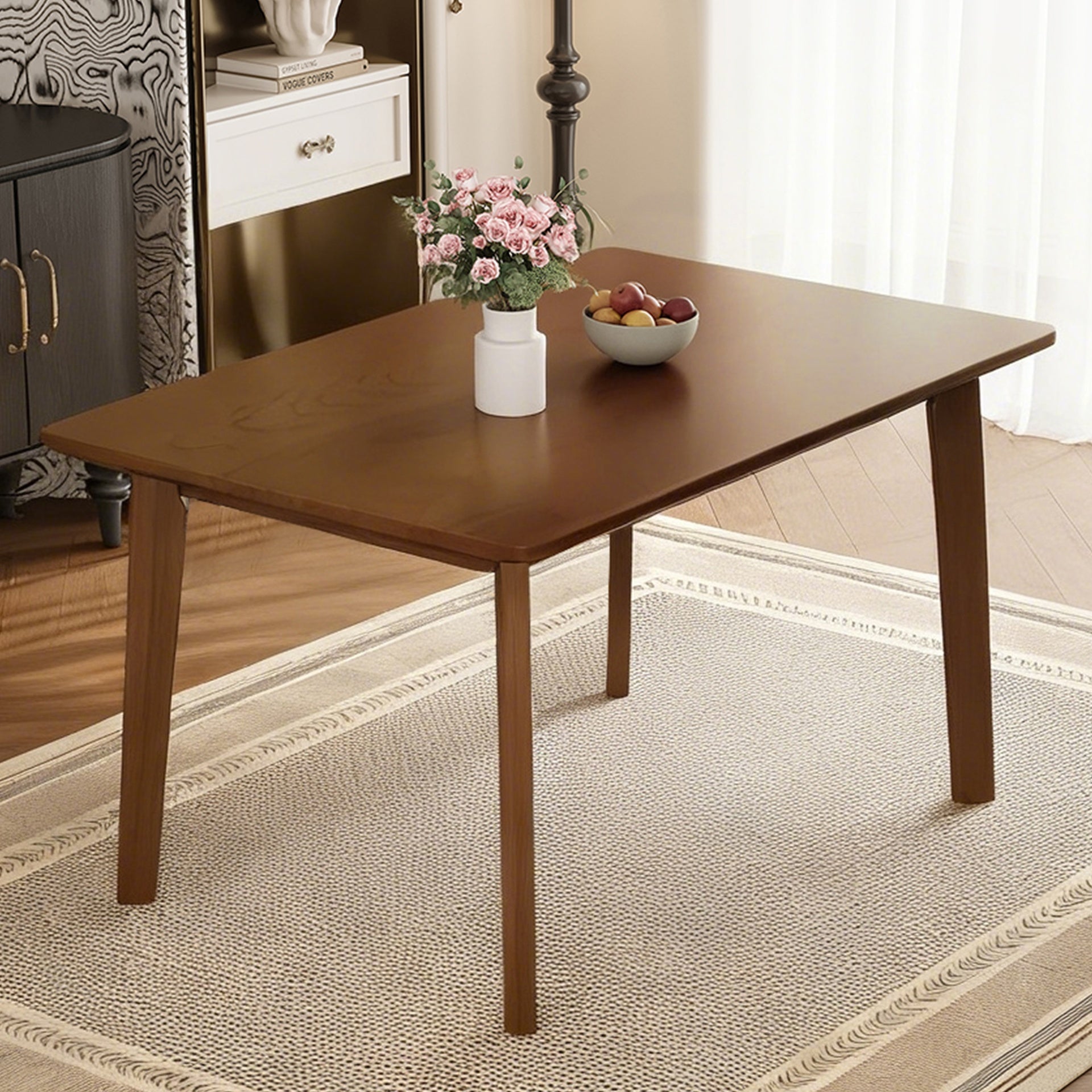Rustic 5-Piece Dining Set - 1 Solid Wood Table + 4 Upholstered Chairs, Farmhouse-Style Dining Furniture for Kitchen & Dining Room, Minimalist Dining Set for 4, Walnut