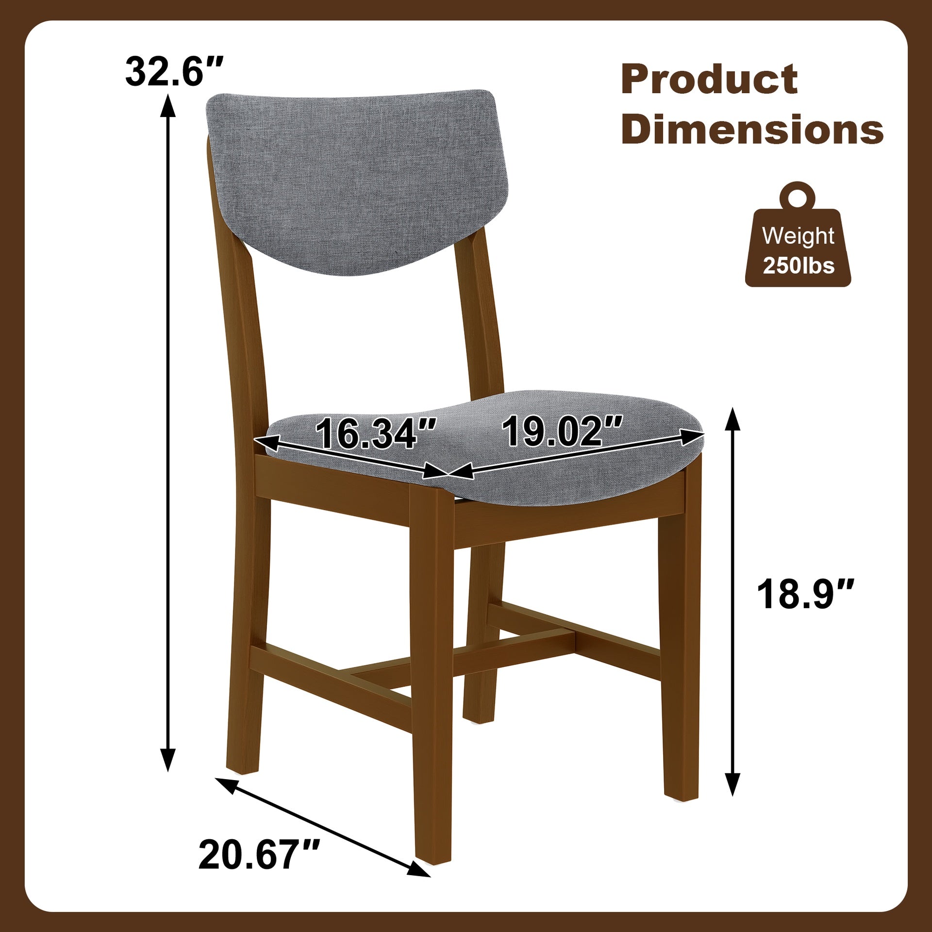 4-Piece Rustic Farmhouse Dining Chair - Solid Wood Frame with Gray Fabric Cushion, Upholstered Accent Chair for Kitchen, Dining Room, Living Room, Walnut