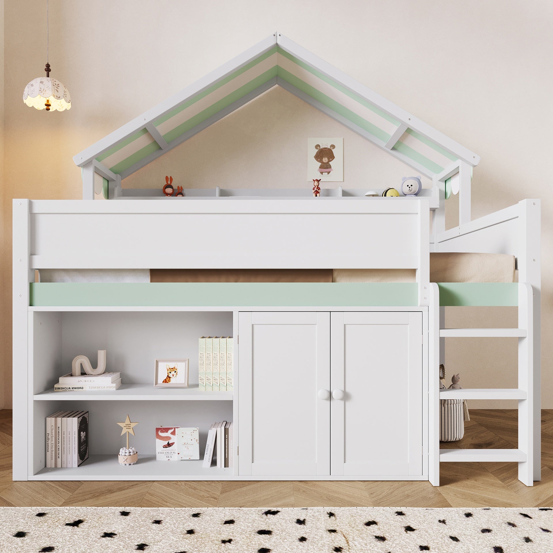 Full Size Loft Bed with Canopy Roof and Storage Cabinet, White and Green