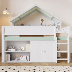 Full Size Loft Bed with Canopy Roof and Storage Cabinet, White and Green