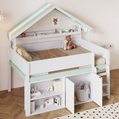 Full Size Loft Bed with Canopy Roof and Storage Cabinet, White and Green