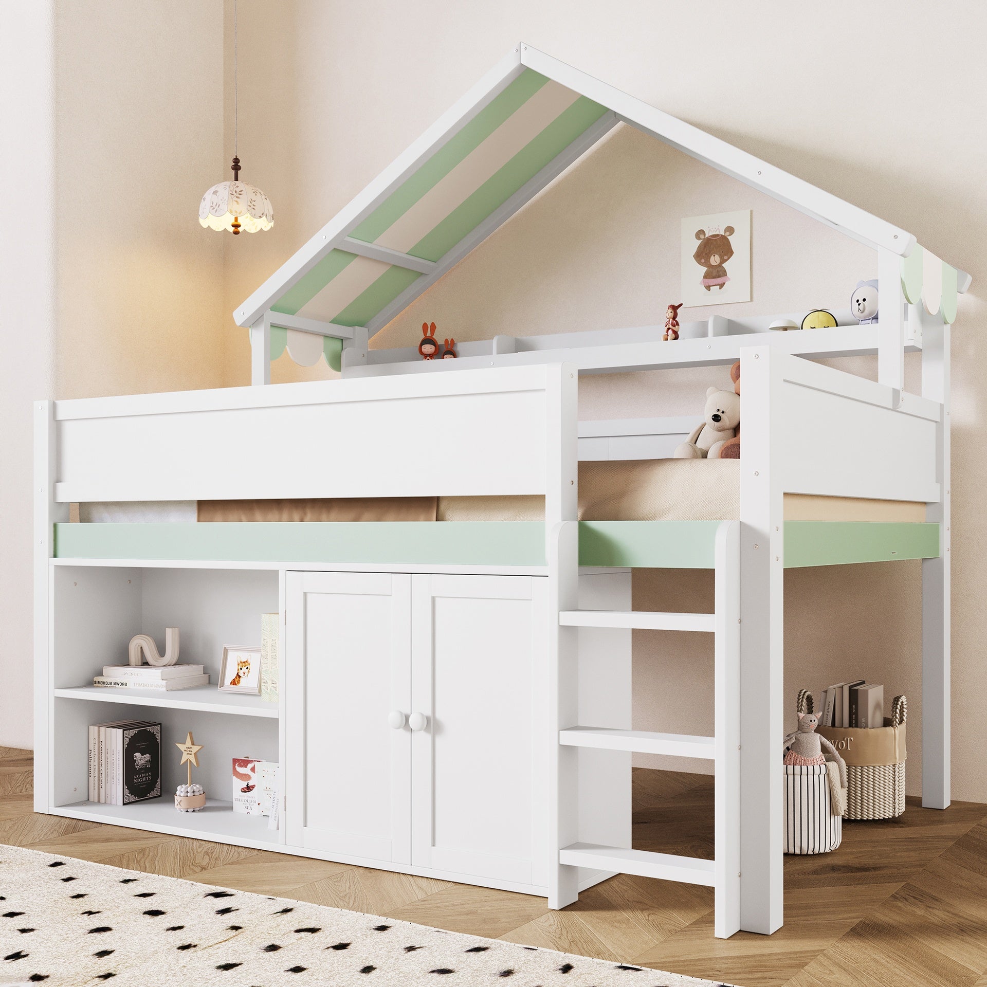 Full Size Loft Bed with Canopy Roof and Storage Cabinet, White and Green