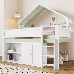 Full Size Loft Bed with Canopy Roof and Storage Cabinet, White and Green