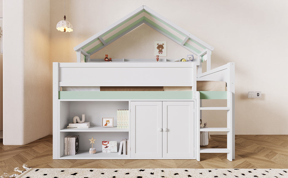 Full Size Loft Bed with Canopy Roof and Storage Cabinet, White and Green