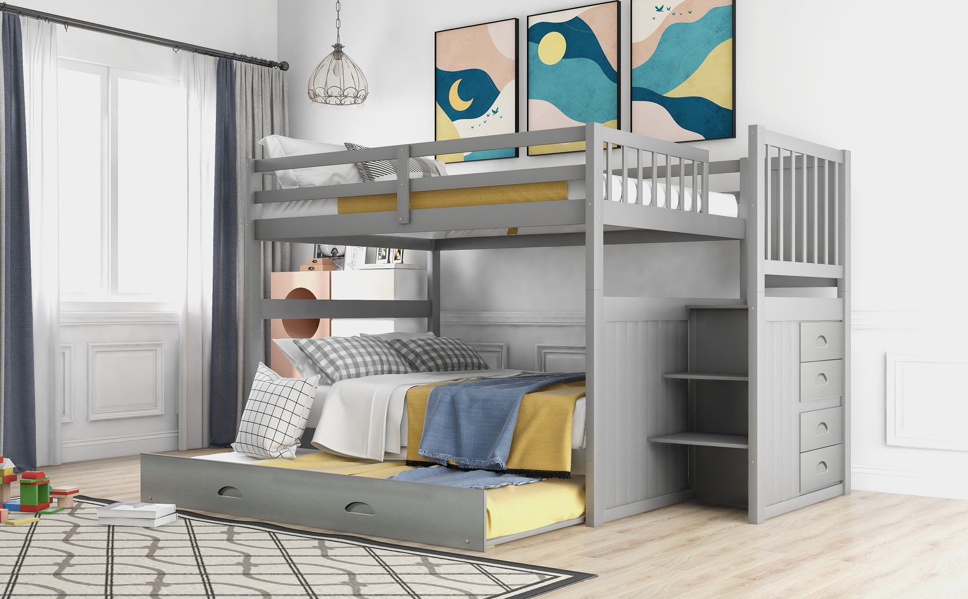 Full over Full Bunk Bed with Twin Size Trundle, Gray