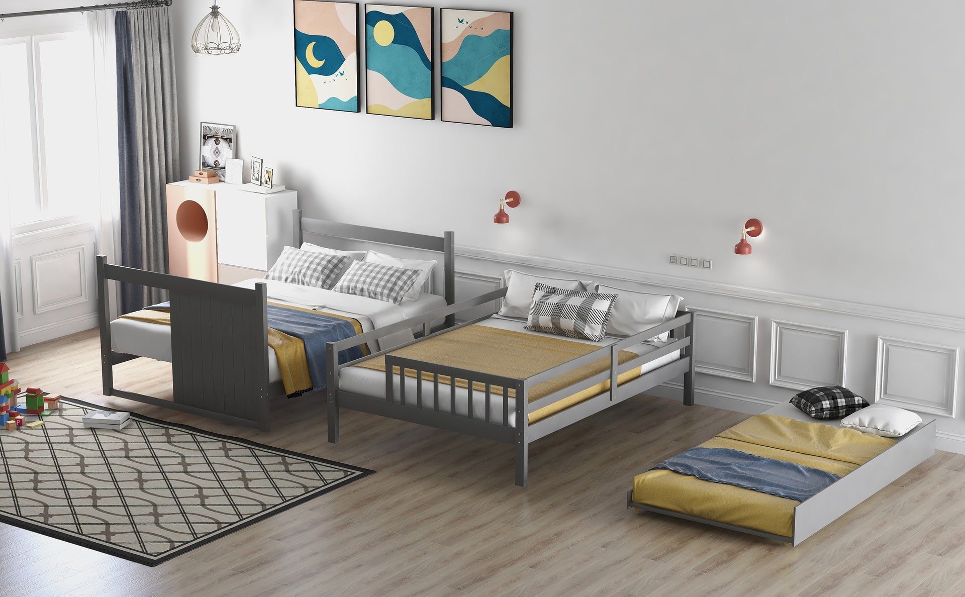 Full over Full Bunk Bed with Twin Size Trundle, Gray