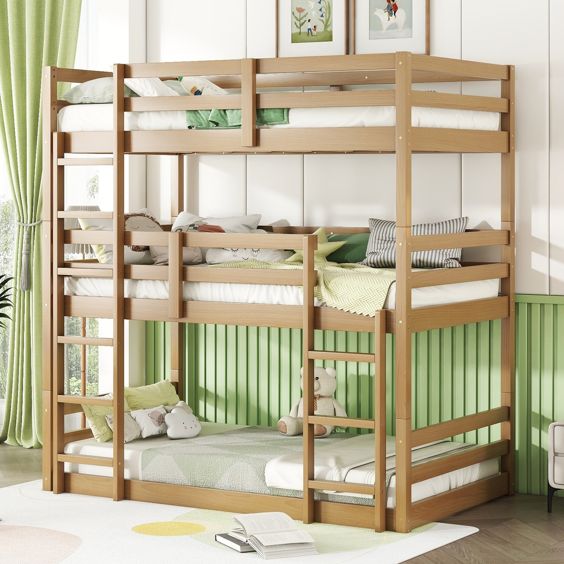 Triple Rubber Wood Bunk Bed with Two Built-in Ladders, Guardrails, Twin over Twin over Twin, Detachable Triple Twin Bunk Bed,Natural