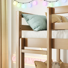 Triple Rubber Wood Bunk Bed with Two Built-in Ladders, Guardrails, Twin over Twin over Twin, Detachable Triple Twin Bunk Bed,Natural