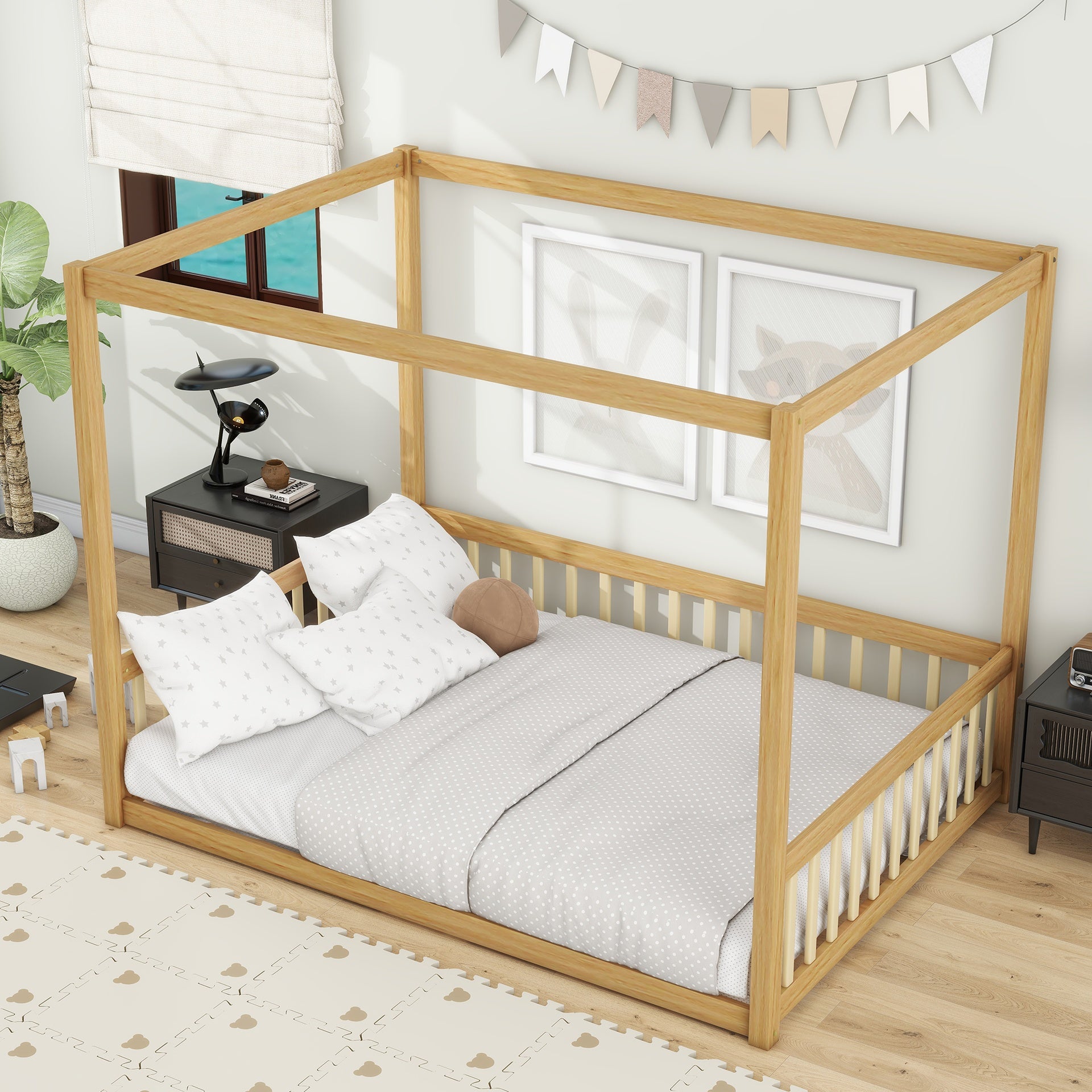 Full Size Canopy Frame Rubber Wood Floor Bed with Fence,Guardrails,Natural