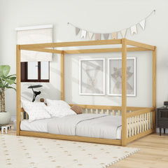 Full Size Canopy Frame Rubber Wood Floor Bed with Fence,Guardrails,Natural