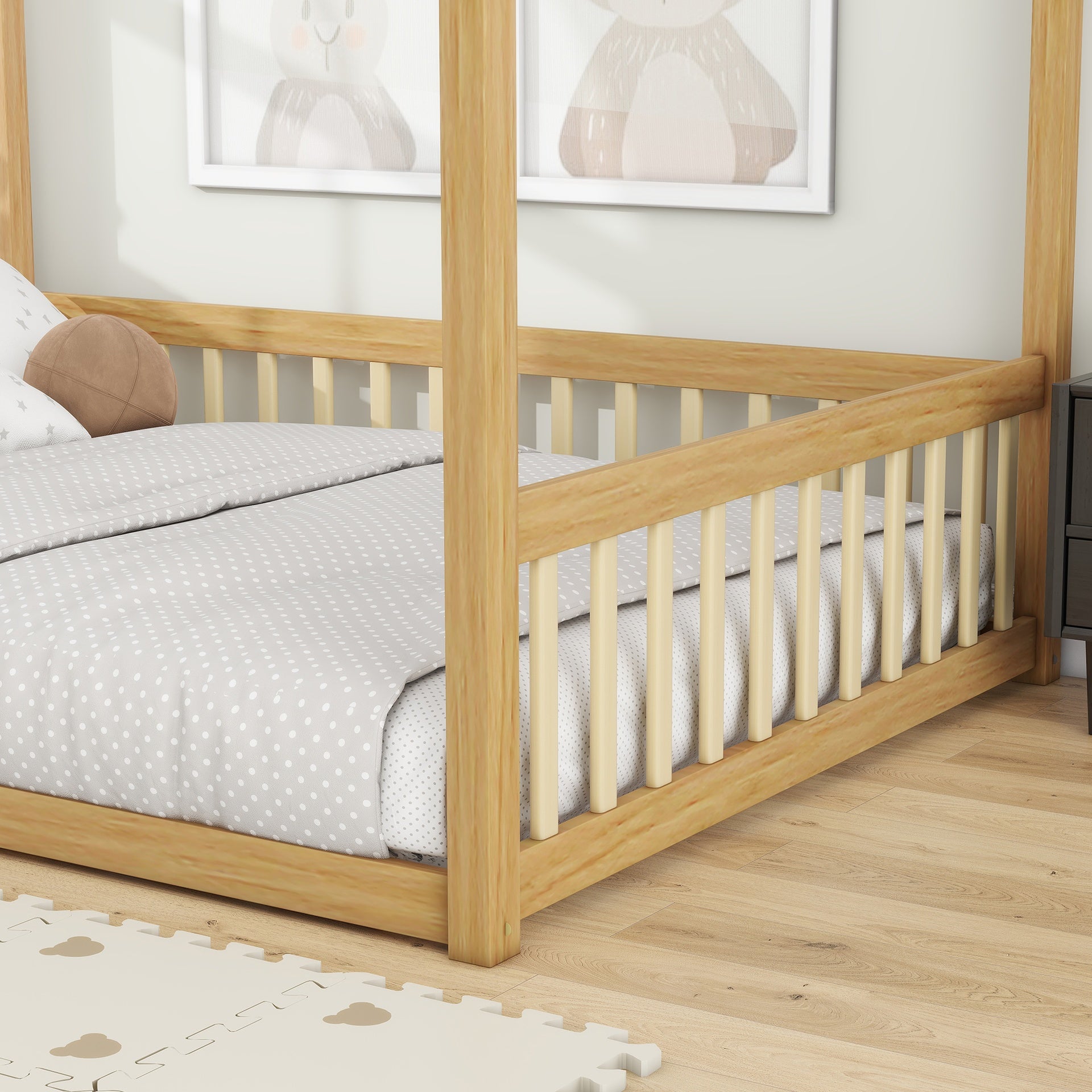 Full Size Canopy Frame Rubber Wood Floor Bed with Fence,Guardrails,Natural