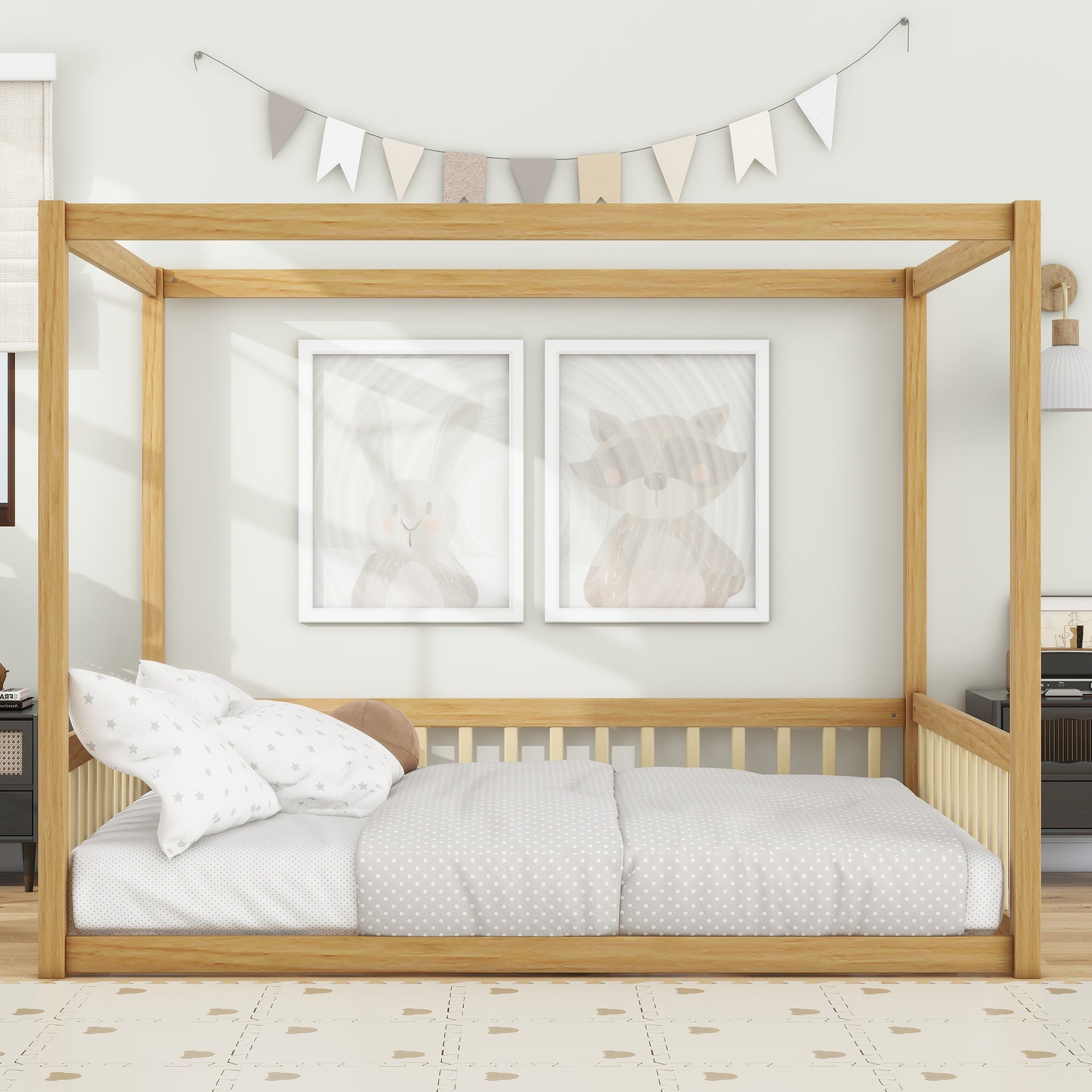Full Size Canopy Frame Rubber Wood Floor Bed with Fence,Guardrails,Natural