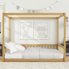 Full Size Canopy Frame Rubber Wood Floor Bed with Fence,Guardrails,Natural