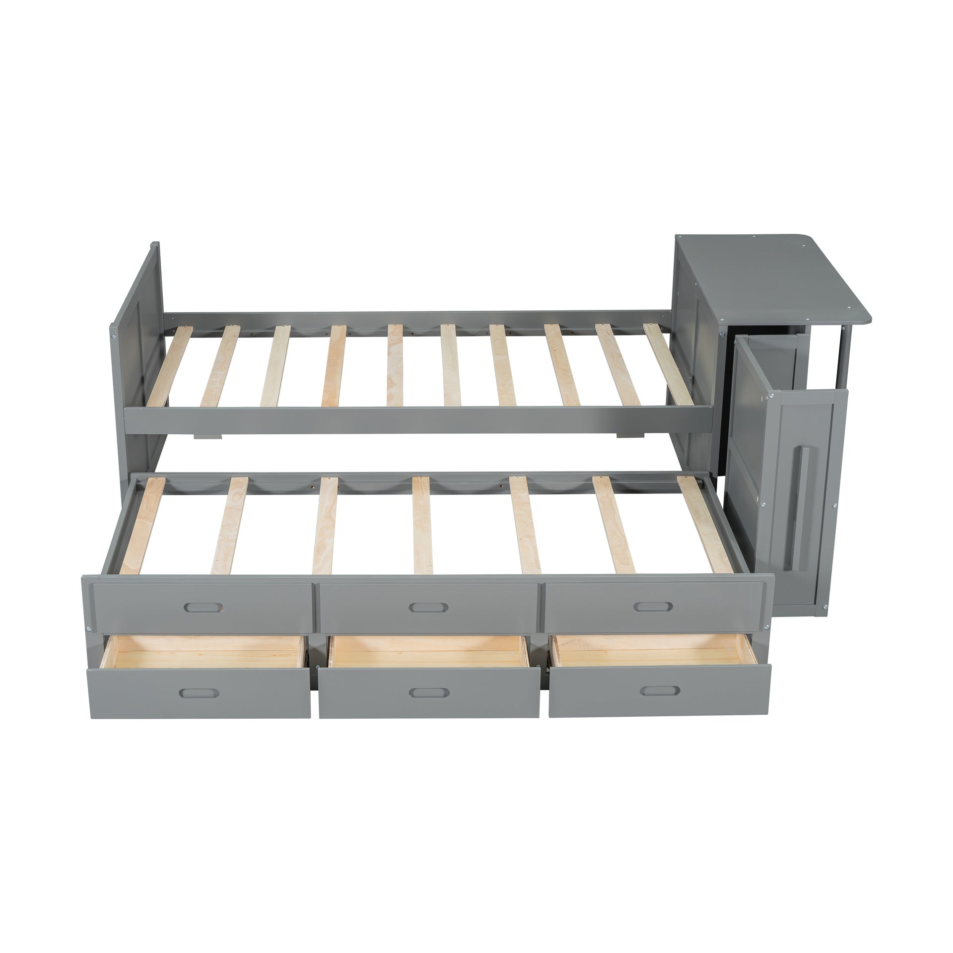 Twin Size Multifunctional Wood Platform Bed with Desk and Storage Shelf at the End of the Bed, Built-in Trundle and 3 Drawers, Gray