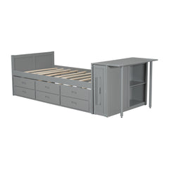 Twin Size Multifunctional Wood Platform Bed with Desk and Storage Shelf at the End of the Bed, Built-in Trundle and 3 Drawers, Gray