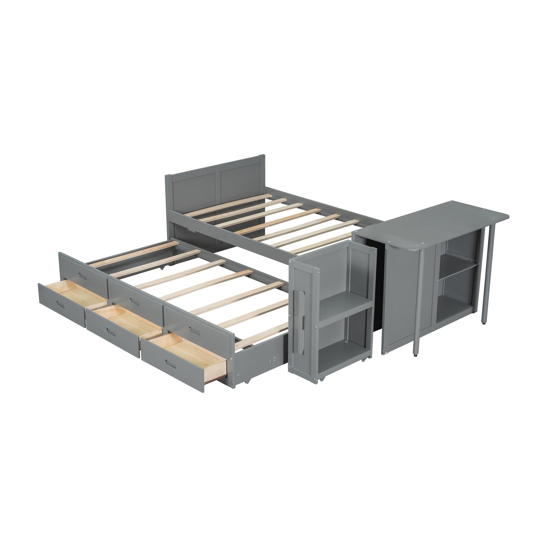 Twin Size Multifunctional Wood Platform Bed with Desk and Storage Shelf at the End of the Bed, Built-in Trundle and 3 Drawers, Gray