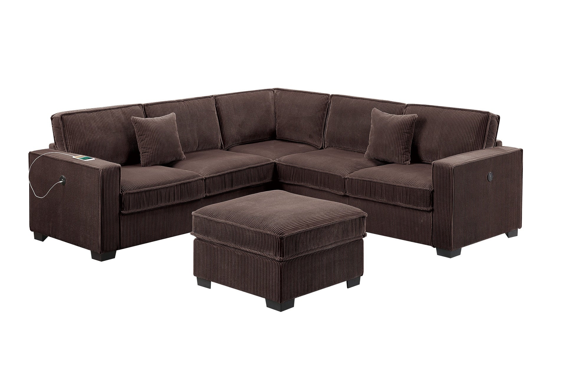 Modern Style 4pc Sectional Set Right Arm And Left Arm Loveseat USB Port Plastic Legs Cocktail Ottoman Matching Two Pillows Chocolate Finish Primary Living Room