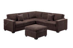 Modern Style 4pc Sectional Set Right Arm And Left Arm Loveseat USB Port Plastic Legs Cocktail Ottoman Matching Two Pillows Chocolate Finish Primary Living Room