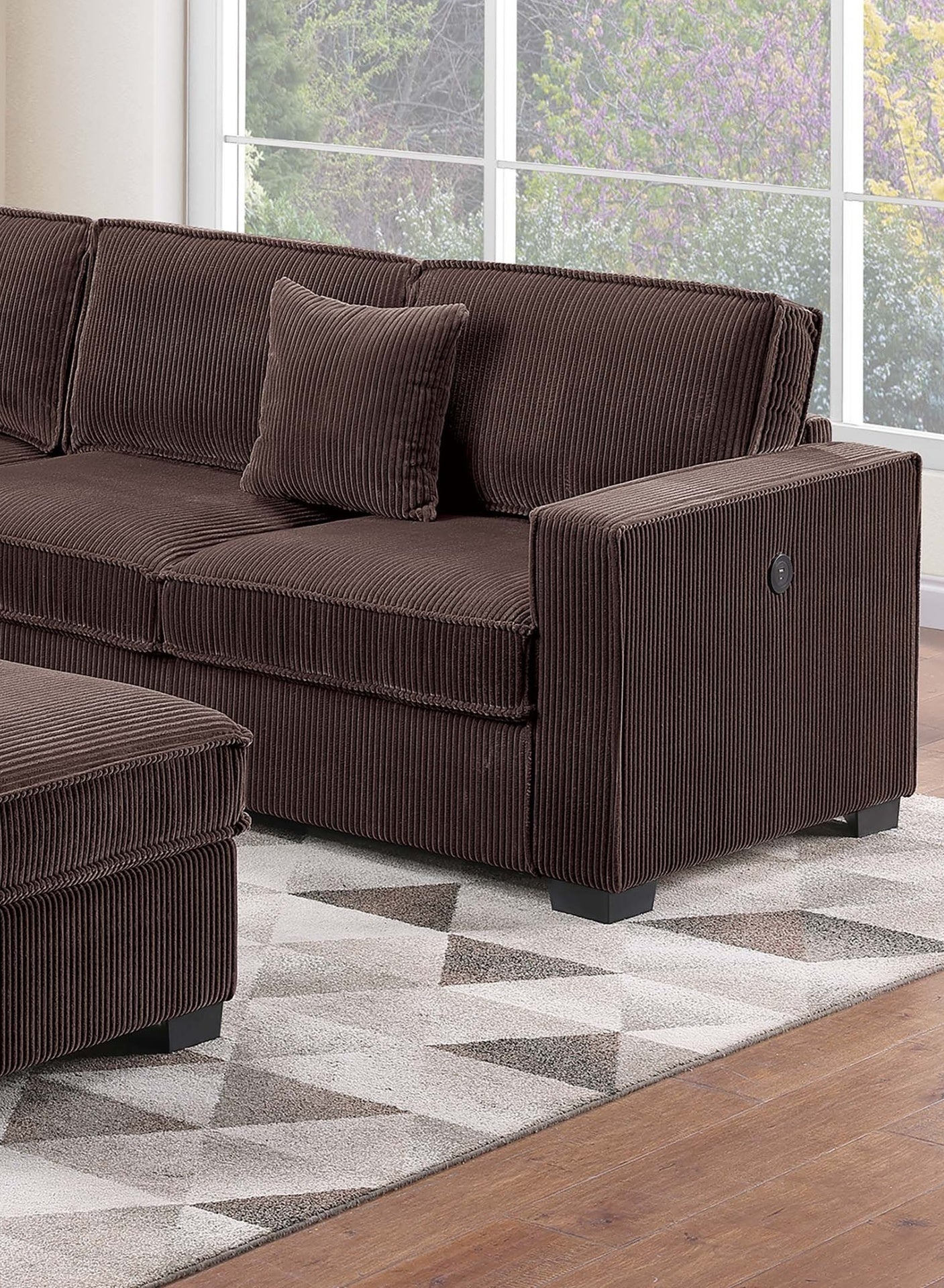 Modern Style 4pc Sectional Set Right Arm And Left Arm Loveseat USB Port Plastic Legs Cocktail Ottoman Matching Two Pillows Chocolate Finish Primary Living Room