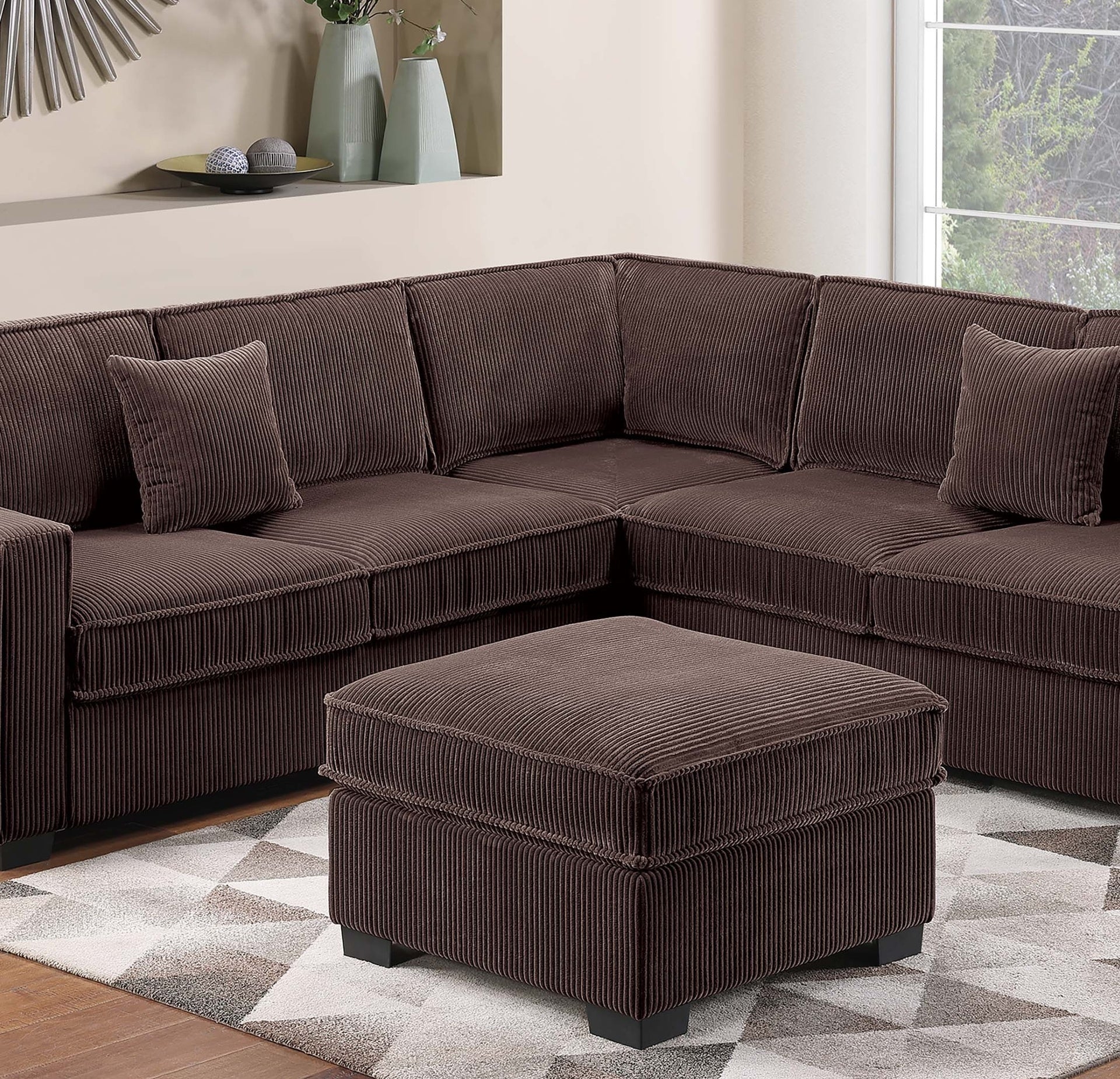 Modern Style 4pc Sectional Set Right Arm And Left Arm Loveseat USB Port Plastic Legs Cocktail Ottoman Matching Two Pillows Chocolate Finish Primary Living Room