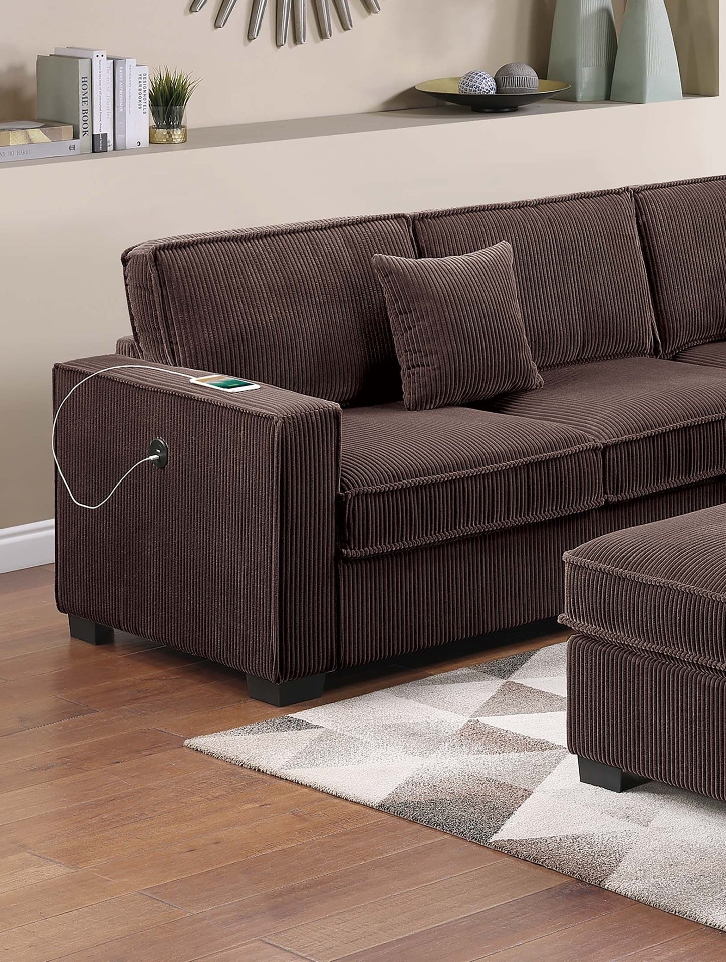 Modern Style 4pc Sectional Set Right Arm And Left Arm Loveseat USB Port Plastic Legs Cocktail Ottoman Matching Two Pillows Chocolate Finish Primary Living Room