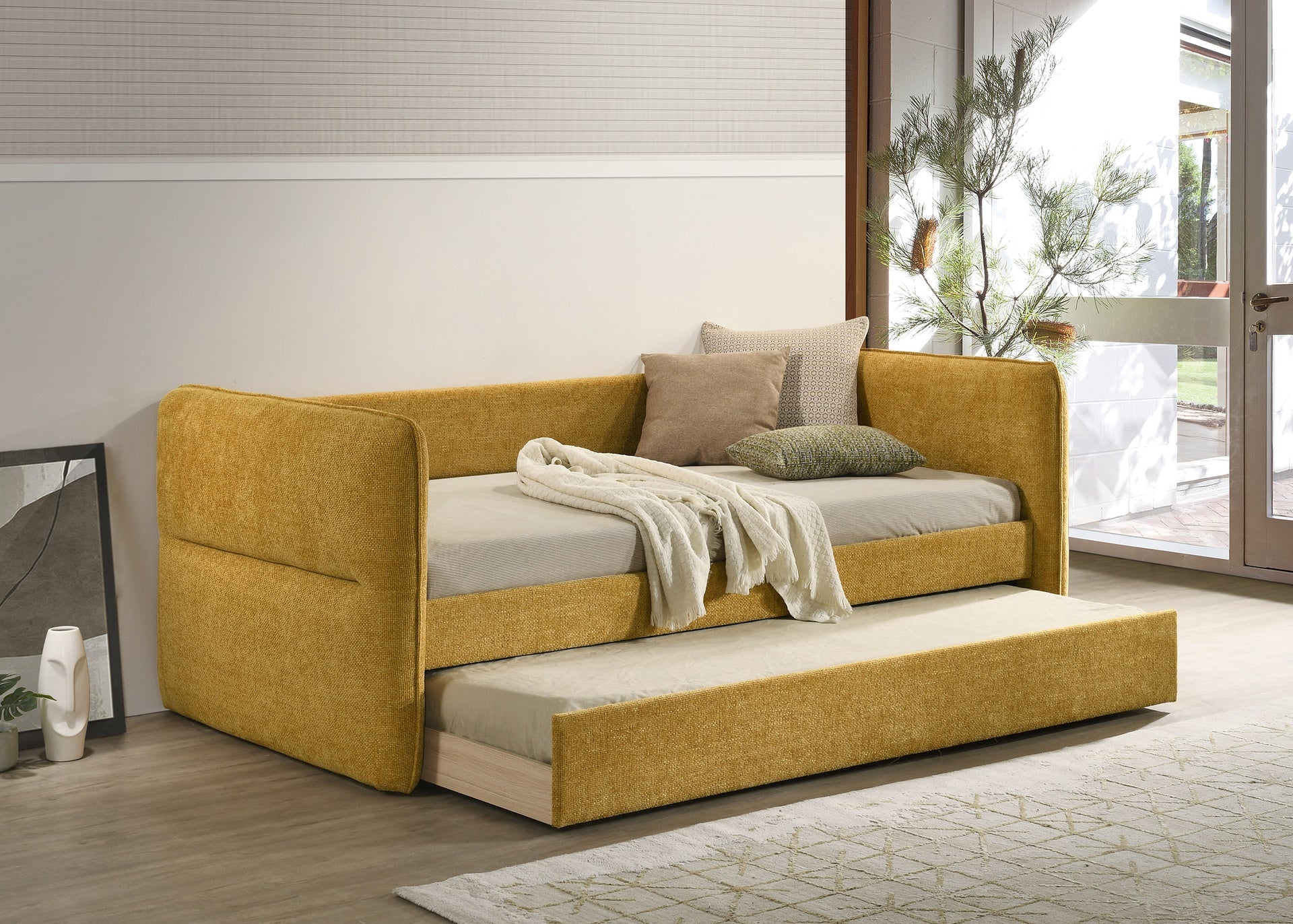 Luxurious 1pc Modern Daybed Pull Out Trundle Button Tufted Nailhead Trim Bedroom Living Room Furniture Gold Finish