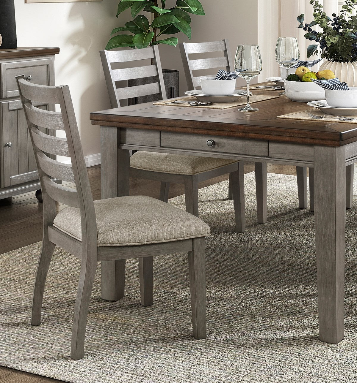 Gray Finish Traditional Style 7pc Dining Set Drawers Table and 6x Side Chairs Ladder Back Design Wooden Furniture