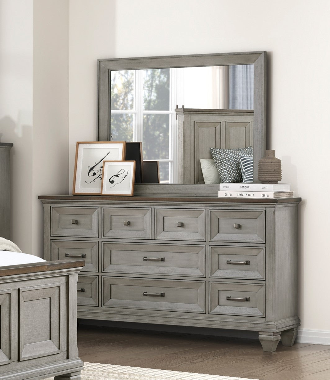 Nine Drawers Dresser Antique Gray and Brown Finish Bedroom Furniture 1pc
