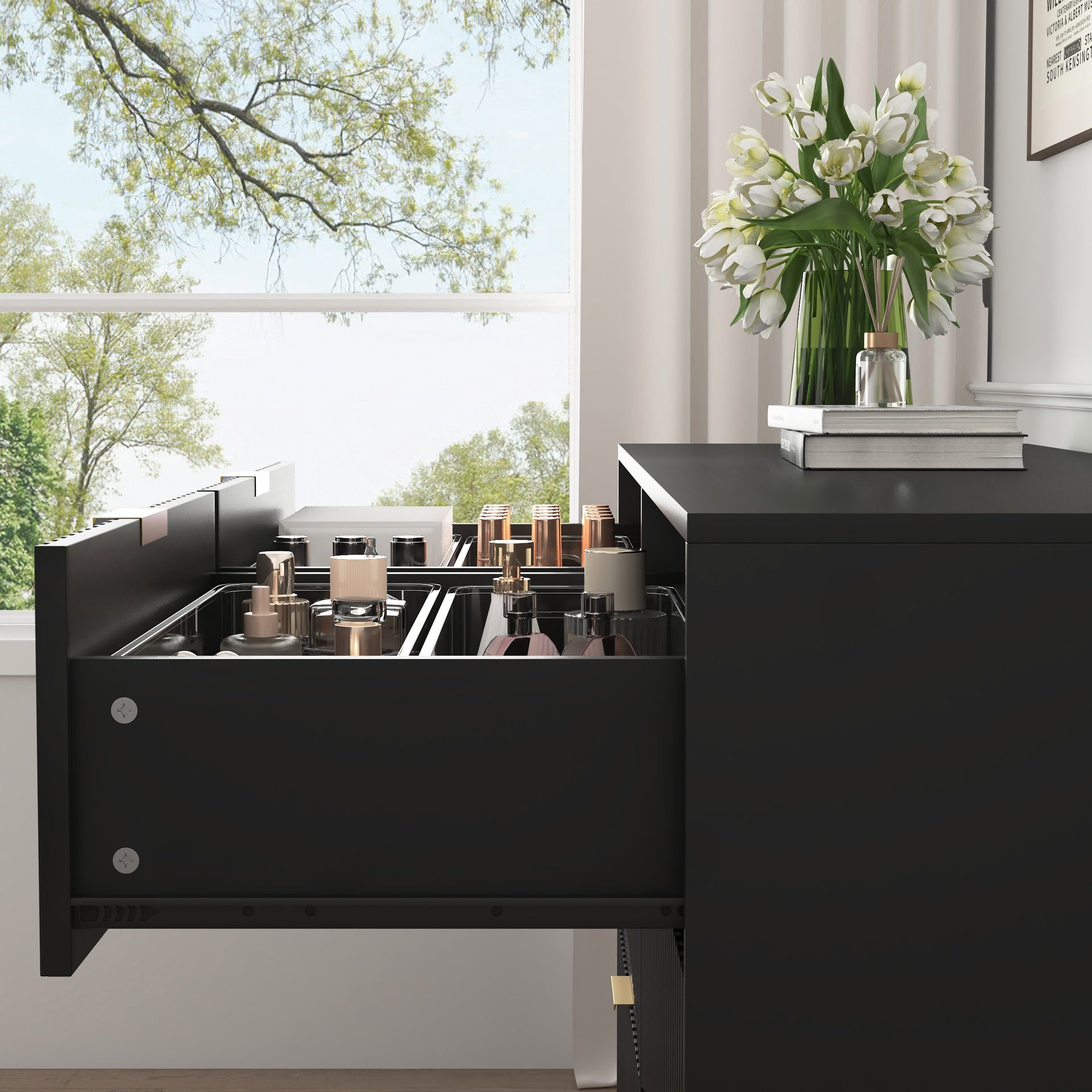 Modern 6-Drawer Dresser, Chest of Drawers for Bedroom, Living Room, Hallway, and Entryway - Large Storage Cabinet, Black,Drawer panel with wavy patterns
