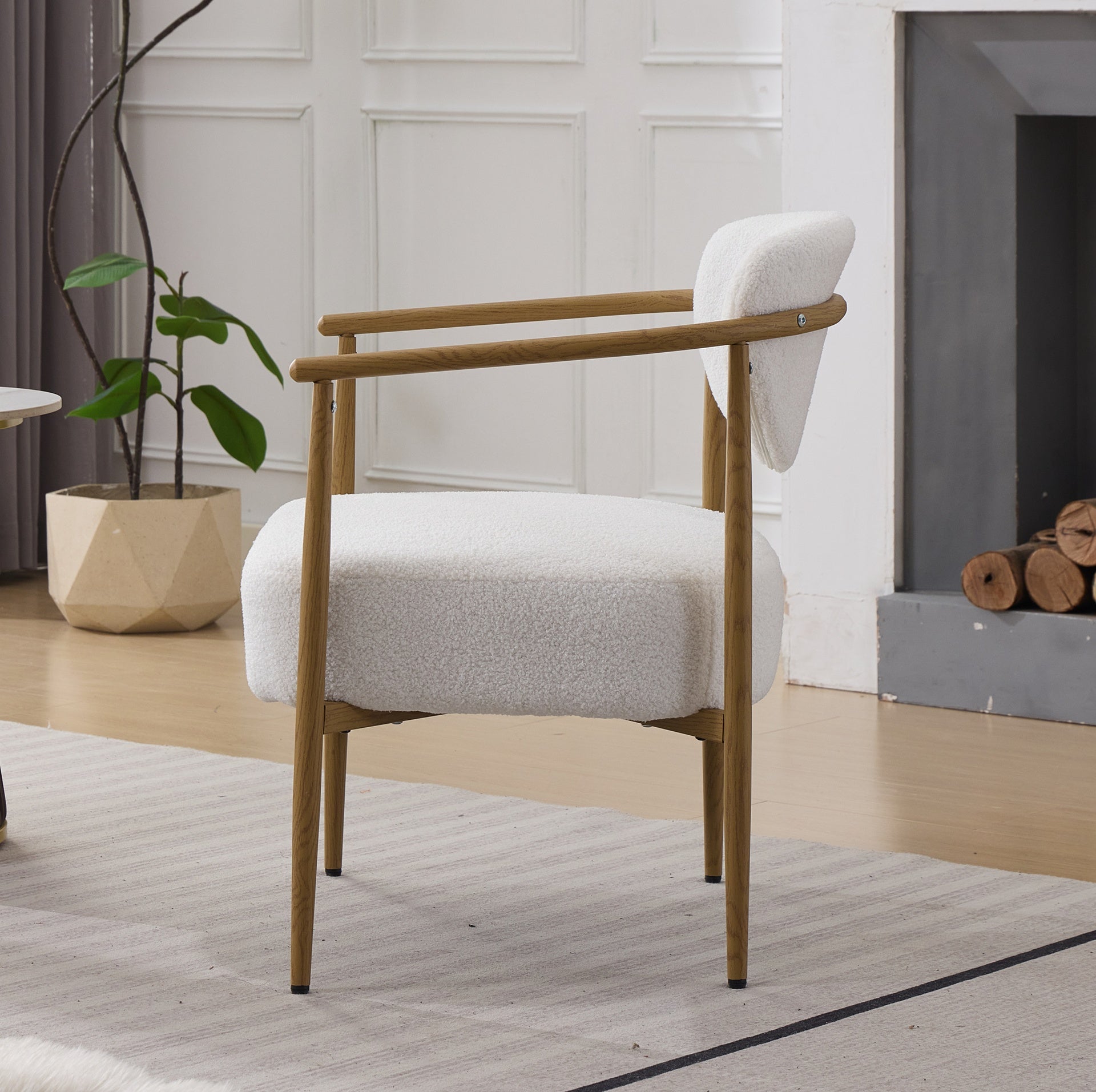 White teddy velvet dining room chair, living room chair, bedroom chair, velvet cover with foam back and seat,soft and comfortable seating, metal frame with water transfer pringting, wood grain visual