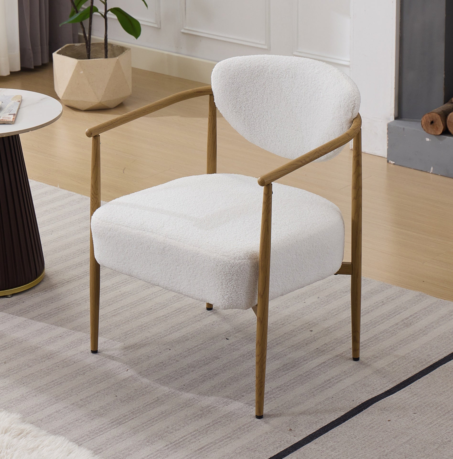 White teddy velvet dining room chair, living room chair, bedroom chair, velvet cover with foam back and seat,soft and comfortable seating, metal frame with water transfer pringting, wood grain visual