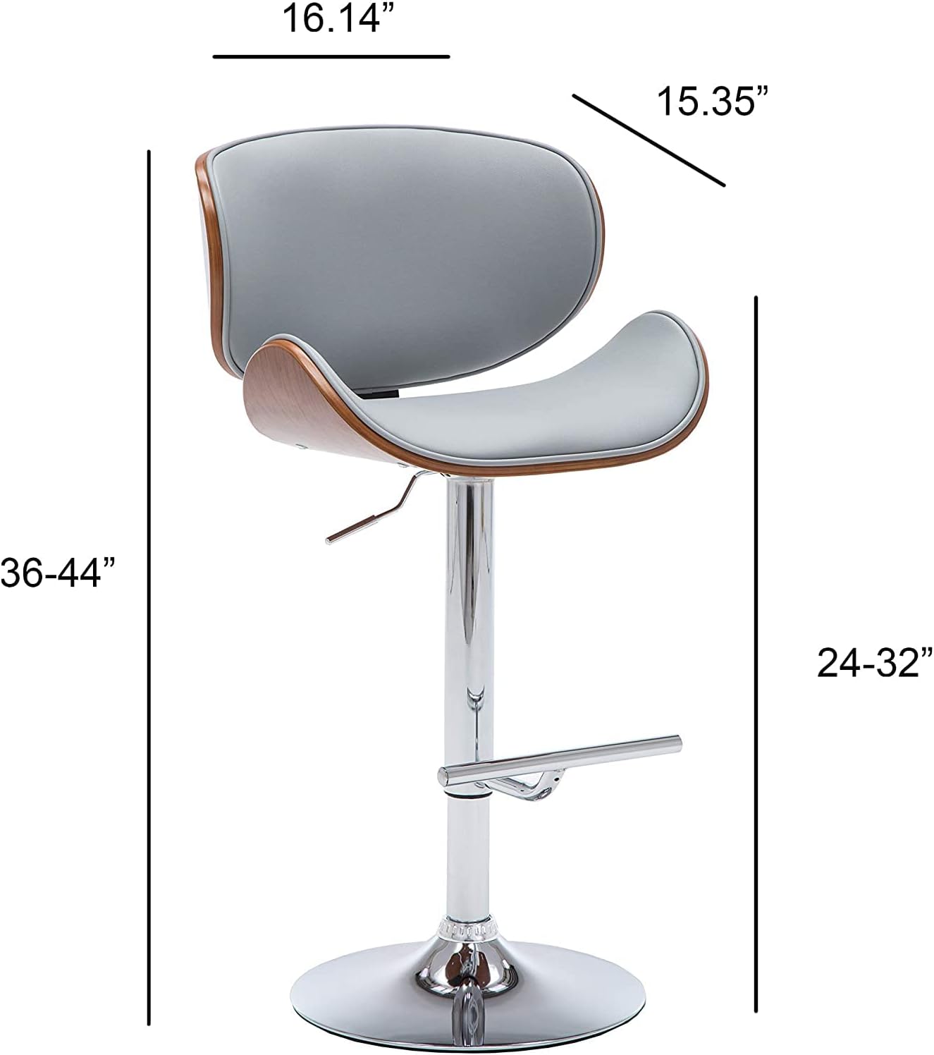 Modern Contemporary Swivel Walnut Bentwood Lift Adjustable Height Bar Stool with Curved Seat and Back (Gray)