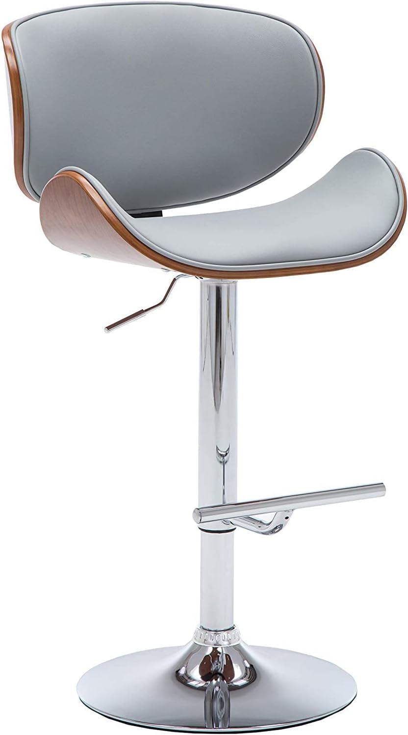 Modern Contemporary Swivel Walnut Bentwood Lift Adjustable Height Bar Stool with Curved Seat and Back (Gray)