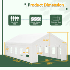 16x32 FT Party Tent with 3 Storage Bags & Removable Sidewalls, Outdoor Canopy Gazebo for Carport Camping Garden Wedding BBQ Commercial