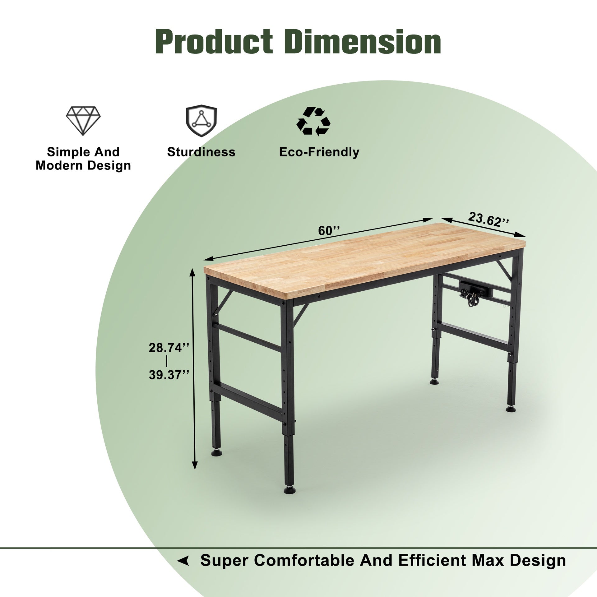 Adjustable Height Workbench, 60" Rubber Wood Top Heavy duty Workstation with Power Outlets, 2000 LBS Load Capacity Hardwood Worktable for Workshop, Garage, Office, Home, Commercial