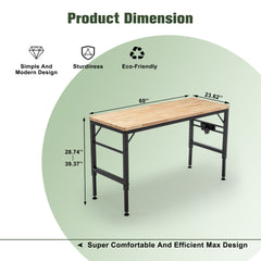 Adjustable Height Workbench, 60" Rubber Wood Top Heavy duty Workstation with Power Outlets, 2000 LBS Load Capacity Hardwood Worktable for Workshop, Garage, Office, Home, Commercial