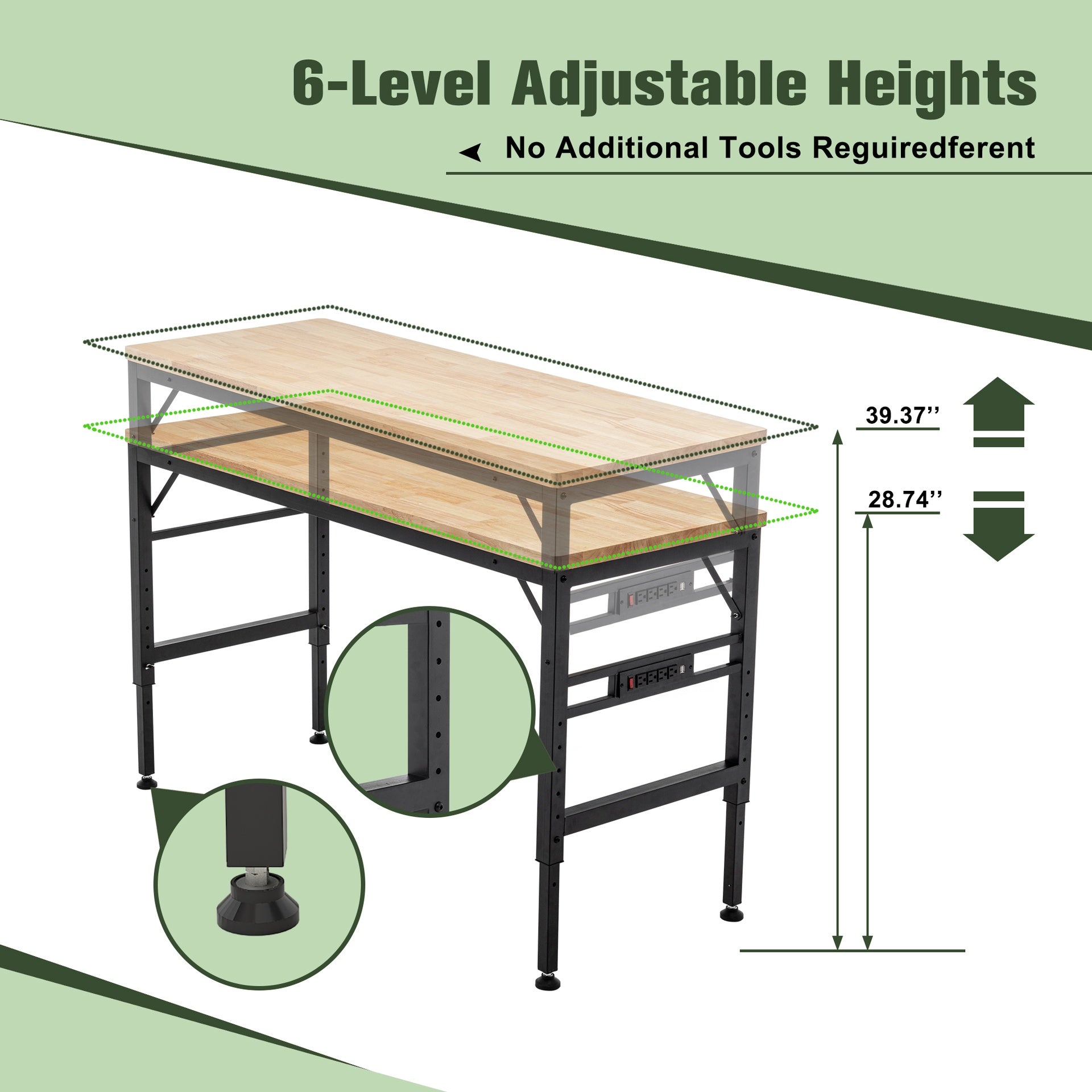 Adjustable Height Workbench, 60" Rubber Wood Top Heavy duty Workstation with Power Outlets, 2000 LBS Load Capacity Hardwood Worktable for Workshop, Garage, Office, Home, Commercial