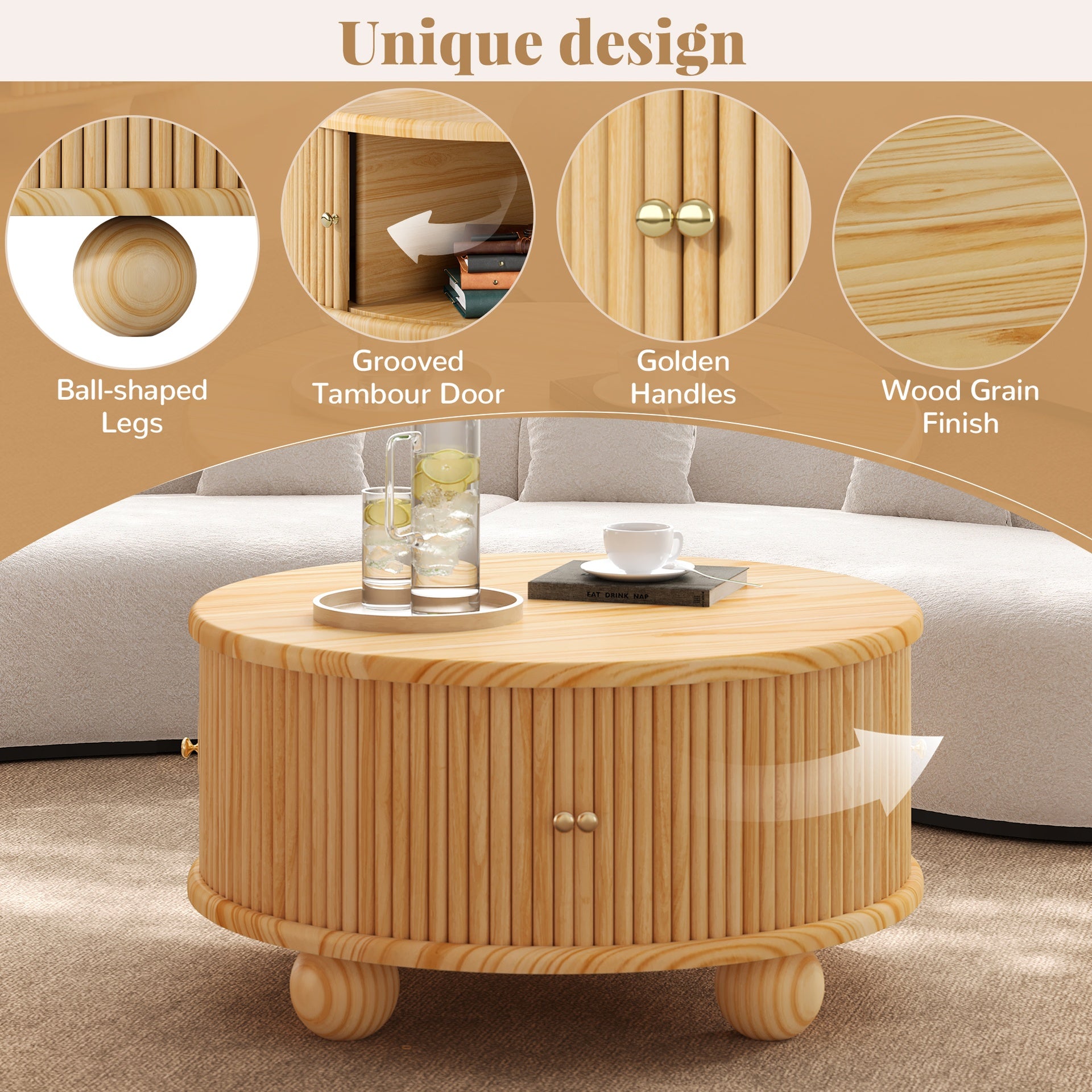 Round Fluted Coffee Table with Storage, Pine Solid Wood, Sliding Door, Natural, 31.8"