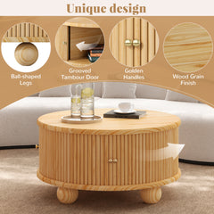 Round Fluted Coffee Table with Storage, Pine Solid Wood, Sliding Door, Natural, 31.8"