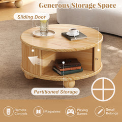 Round Fluted Coffee Table with Storage, Pine Solid Wood, Sliding Door, Natural, 31.8"