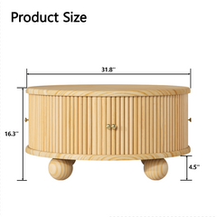 Round Fluted Coffee Table with Storage, Pine Solid Wood, Sliding Door, Natural, 31.8"