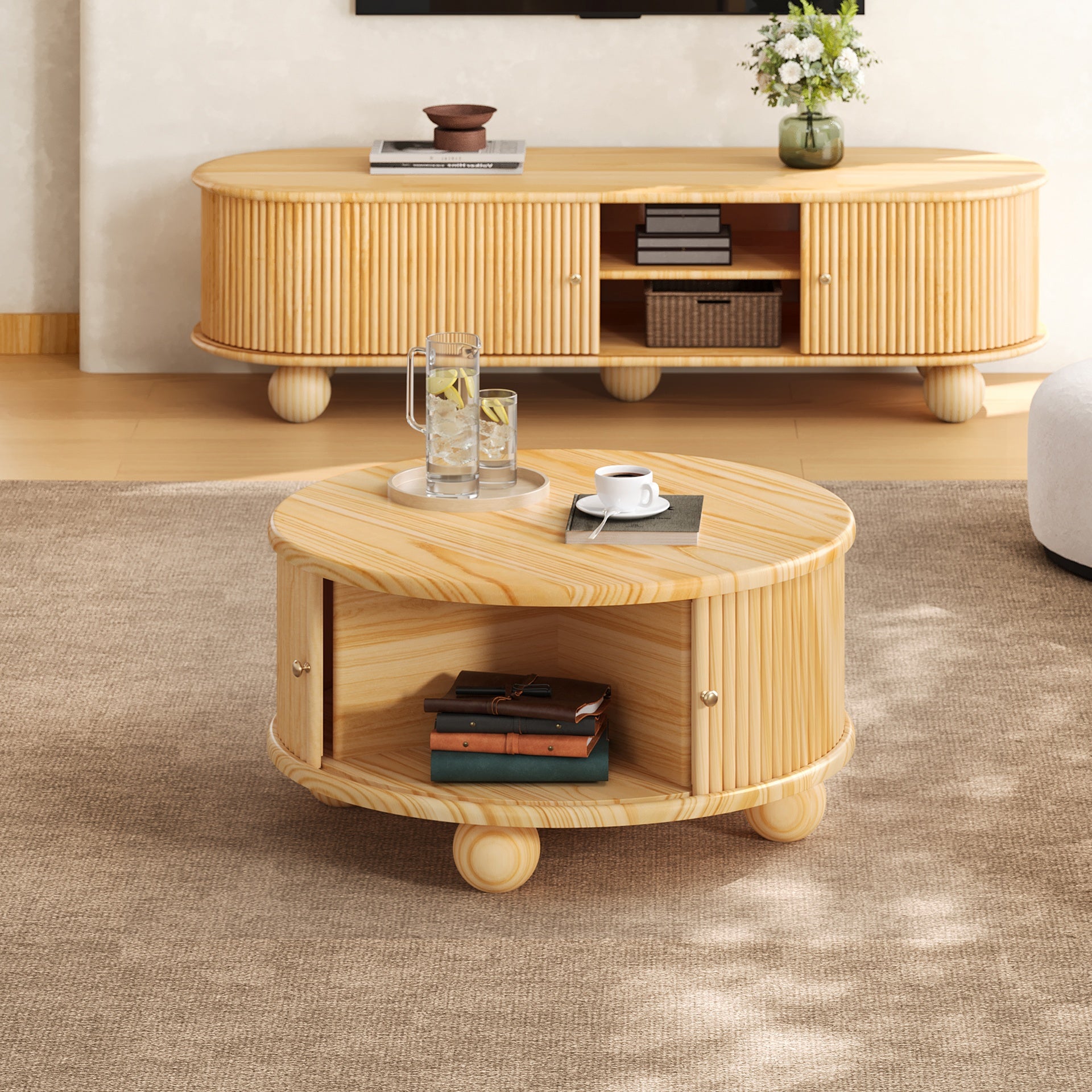 Round Fluted Coffee Table with Storage, Pine Solid Wood, Sliding Door, Natural, 31.8"