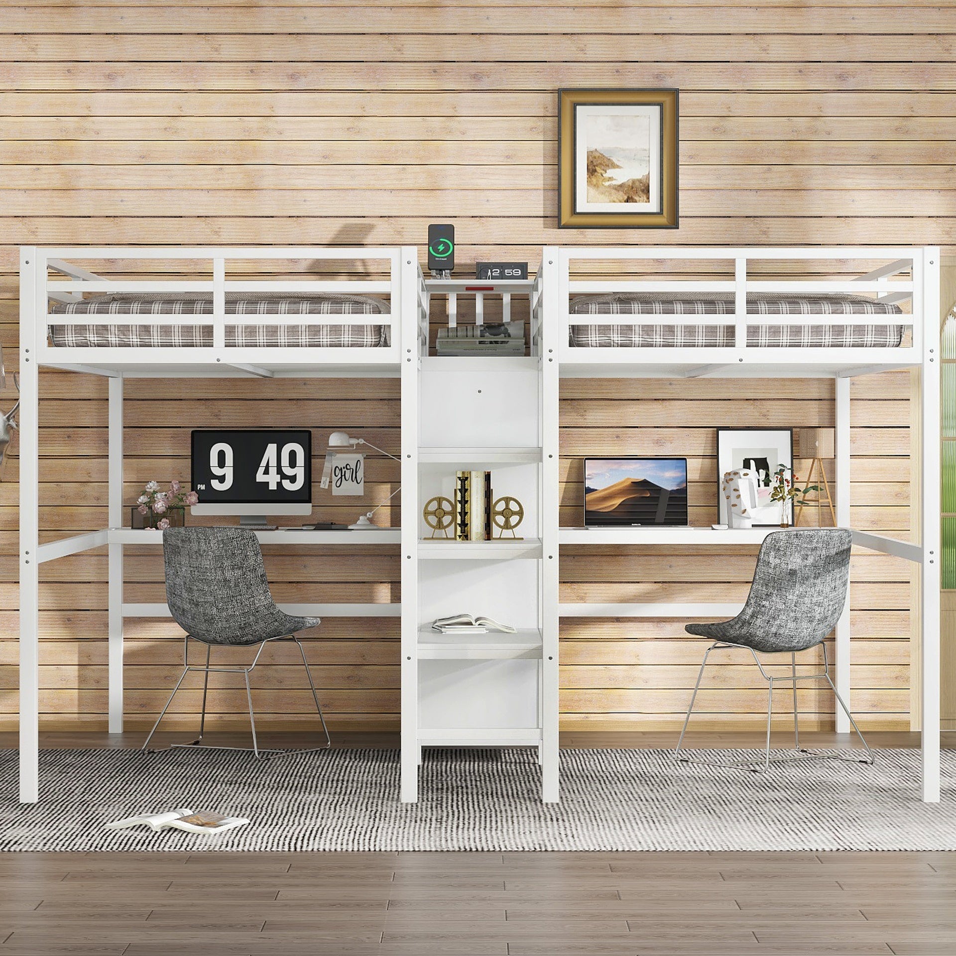 Twin Over Twin Metal Loft Bed with Double Desk and Wardrobe and Shelves with Electrical Outlet for Space Saving and Noise Reduction,White