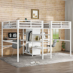Twin Over Twin Metal Loft Bed with Double Desk and Wardrobe and Shelves with Electrical Outlet for Space Saving and Noise Reduction,White