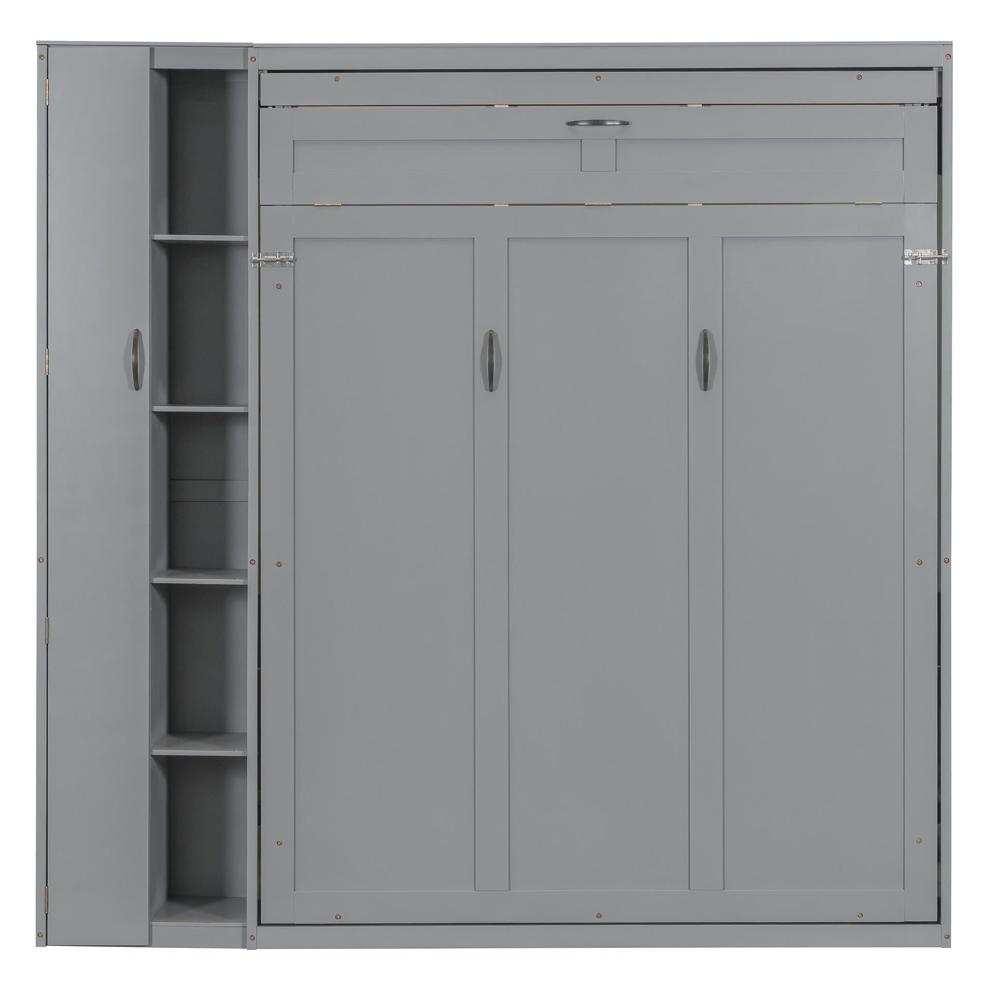 Queen Size Murphy Bed Wall Bed with Shelves, Wardrobe and LED Lights,Gray